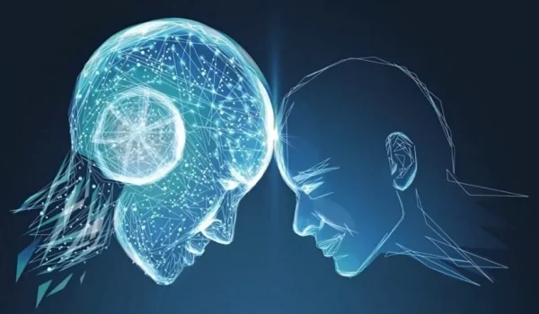 شخص يتفاعل مع ChatGPT في غرفة مظلمة، محاط بعناصر رمزية دينية وكونية تمثل الأوهام الروحية.