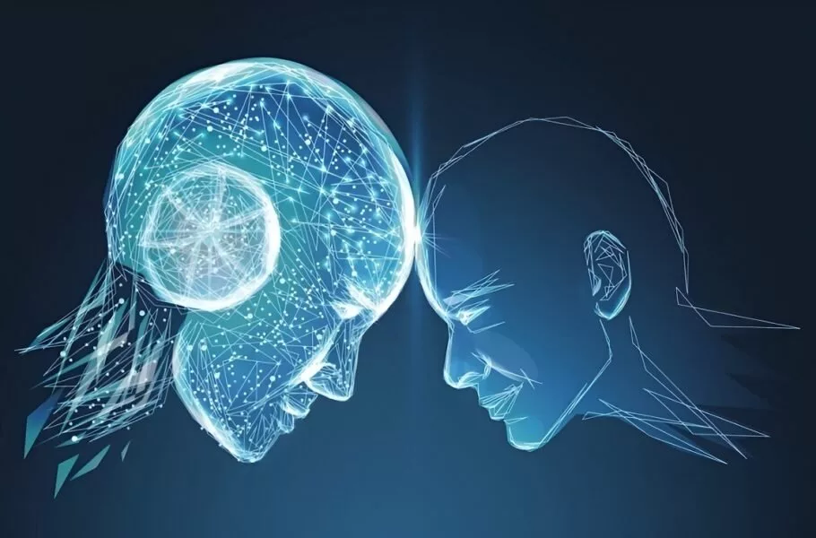 شخص يتفاعل مع ChatGPT في غرفة مظلمة، محاط بعناصر رمزية دينية وكونية تمثل الأوهام الروحية.
