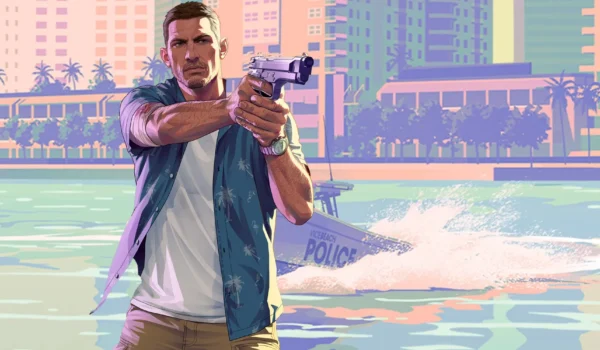صورة واقعية تُظهر شخصيتين رئيسيتين في لعبة GTA 6 أمام مدينة مستوحاة من ميامي