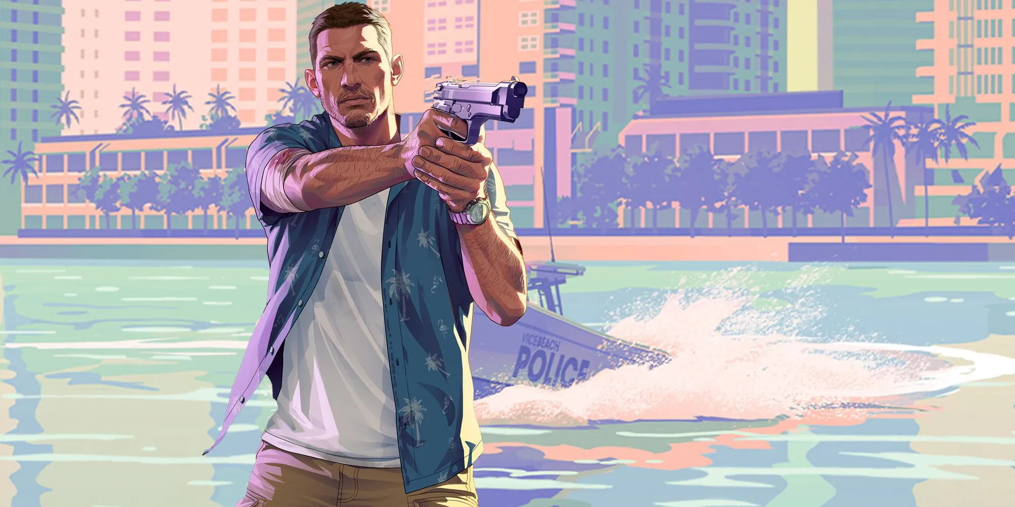 صورة واقعية تُظهر شخصيتين رئيسيتين في لعبة GTA 6 أمام مدينة مستوحاة من ميامي