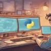 صورة توضيحية لمطور مبتدئ يعمل على البرمجة بلغة بايثون ويستخدم الأدوات الرقمية ضمن بيئة عمل تقنية مع شعار موقع TaqniahZone.com