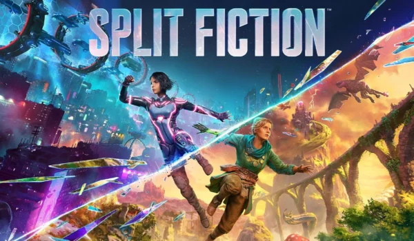 غلاف فني للعبة Split Fiction يظهر الشخصيتين الرئيسيتين من عالمي الخيال العلمي والفانتازيا