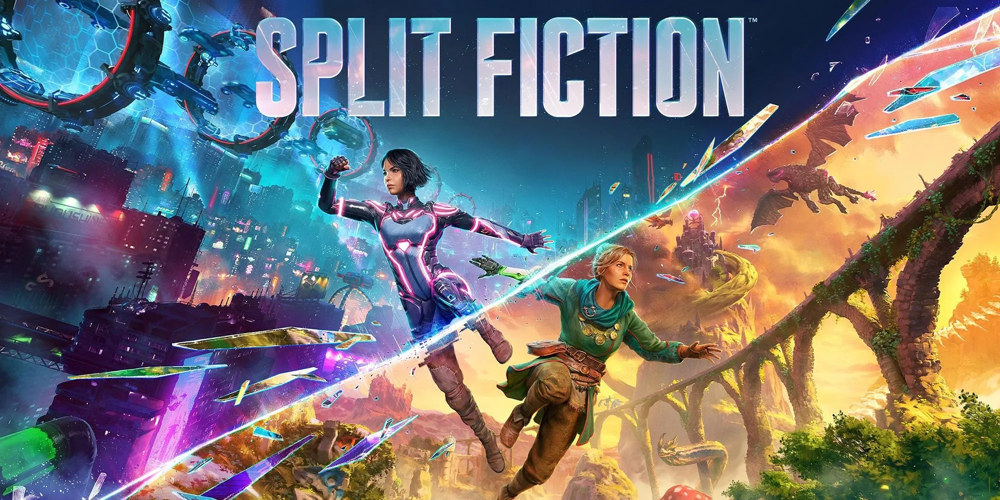 مراجعة لعبة Split Fiction: أفضل تجربة تعاونية لعام 2025 1 غلاف فني للعبة Split Fiction يظهر الشخصيتين الرئيسيتين من عالمي الخيال العلمي والفانتازيا